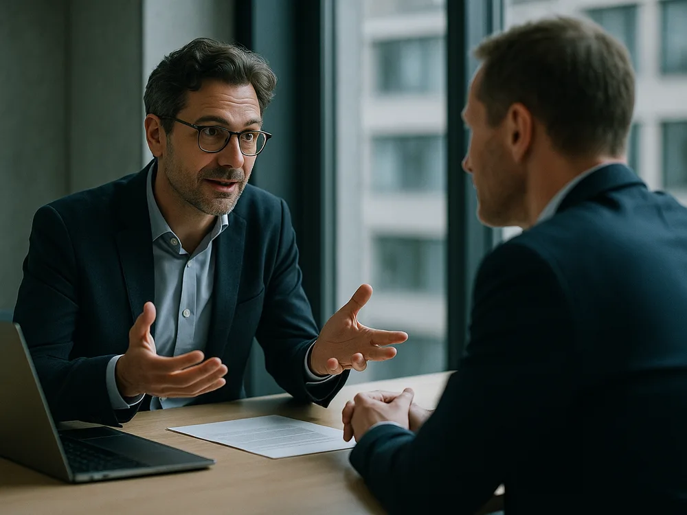 Berater präsentiert einem Kunden am Tisch in einem modernen Besprechungsraum
