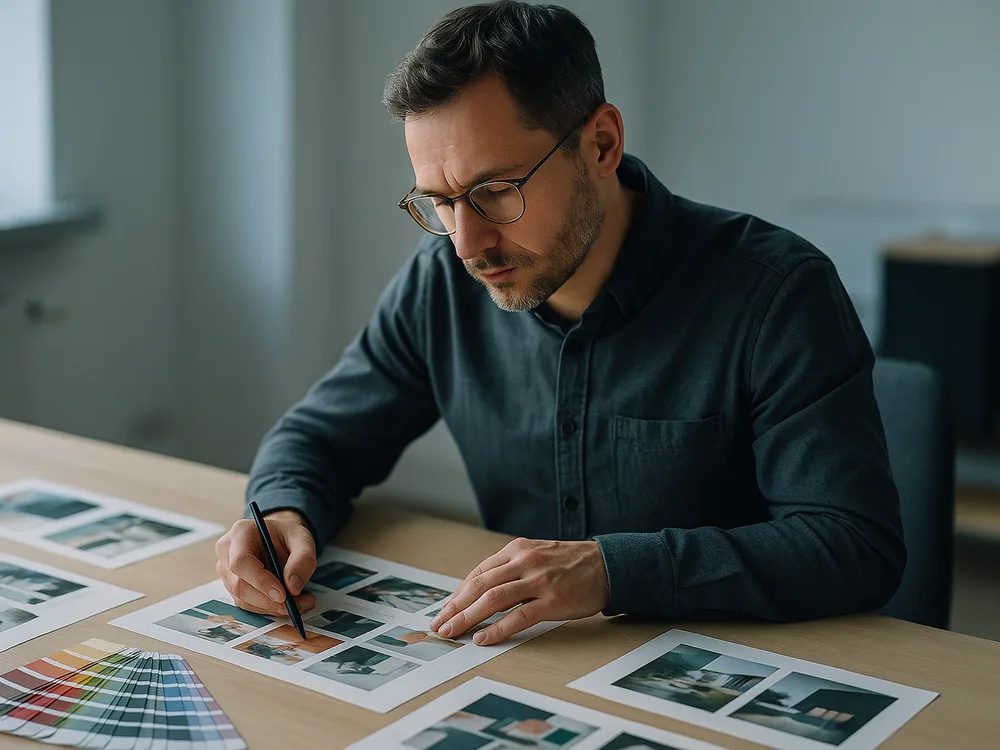 Marketer am Schreibtisch mit gedruckten Kreativmaterialien und Farbmustern