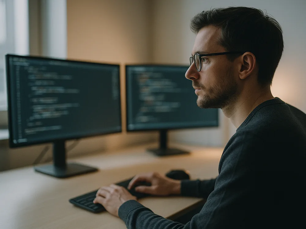 Softwareentwickler konzentriert an einem aufgeräumten Schreibtisch mit zwei Monitoren