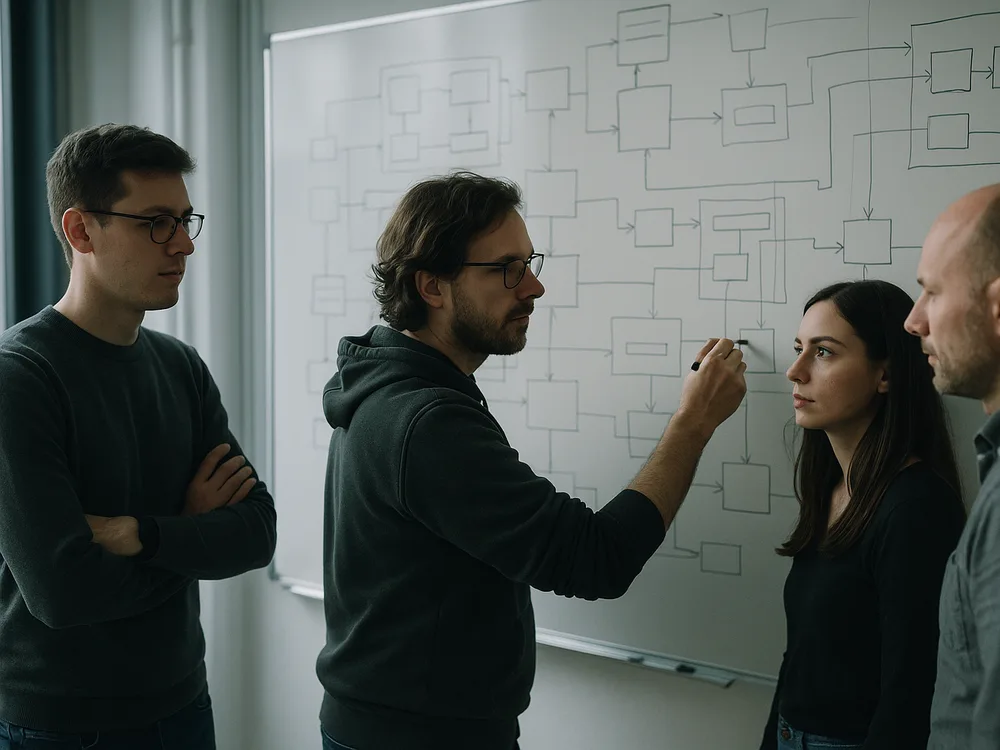 Kleines Software-Team vor einem Whiteboard voller Architektur-Diagramme