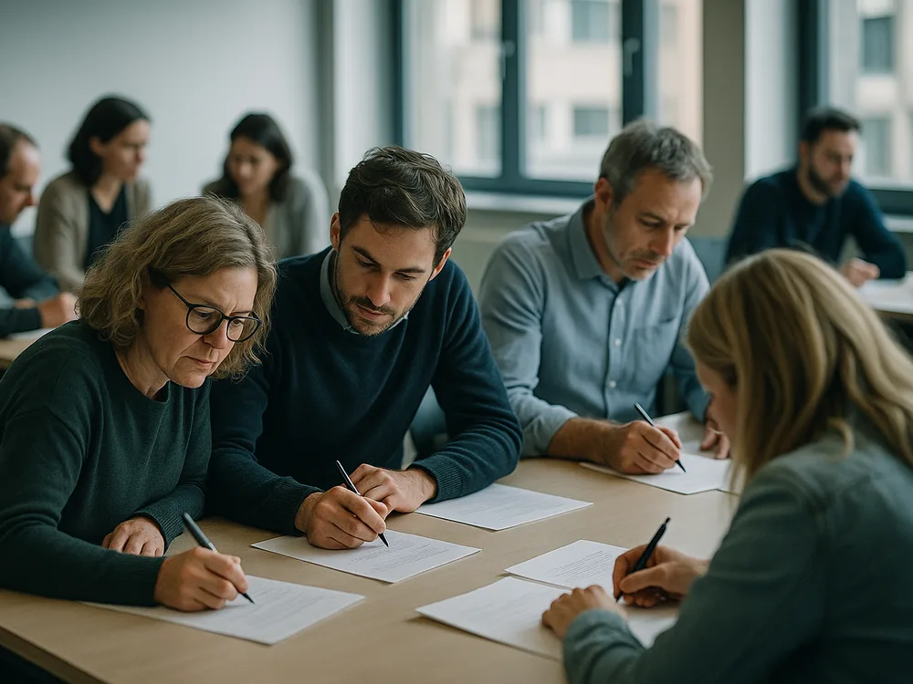 Teilnehmer einer Weiterbildung arbeiten an Tischen zusammen und machen sich Notizen