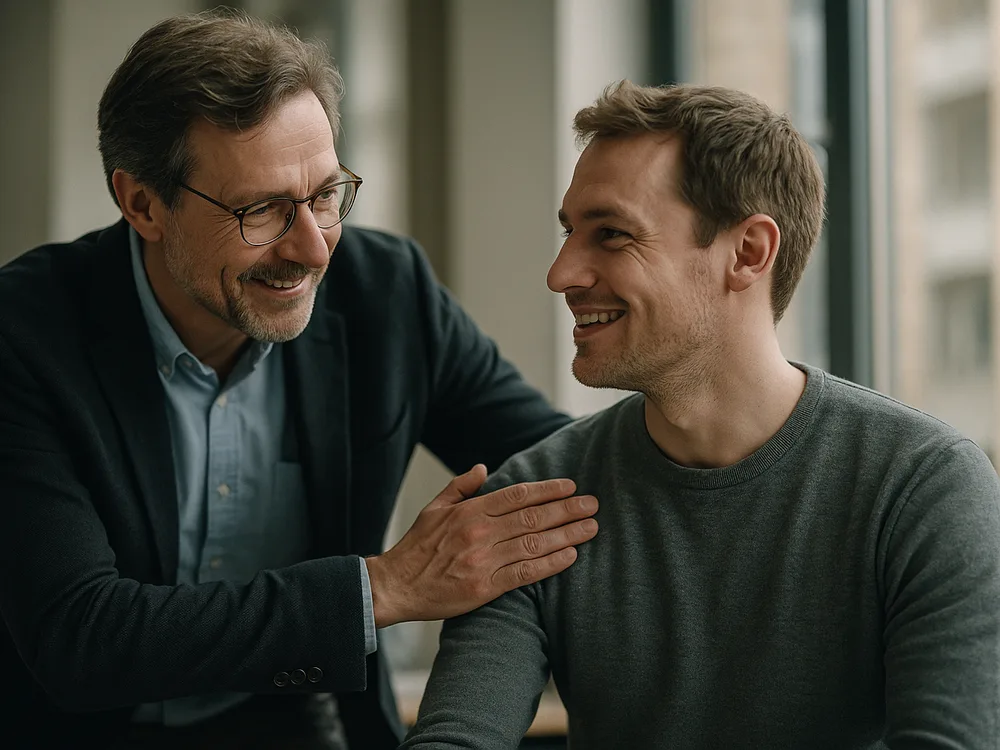 Dozentin gratuliert einer erwachsenen Teilnehmerin in einem persönlichen Moment