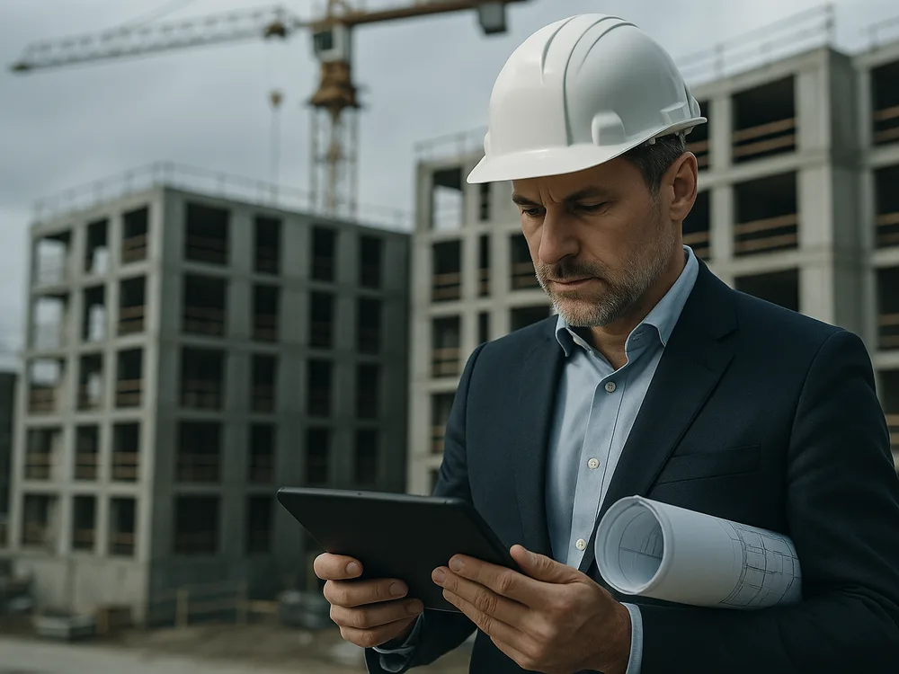 Bauträger mit Helm prüft Baupläne am Tablet auf einer Wohnbaustelle mit Turmkran