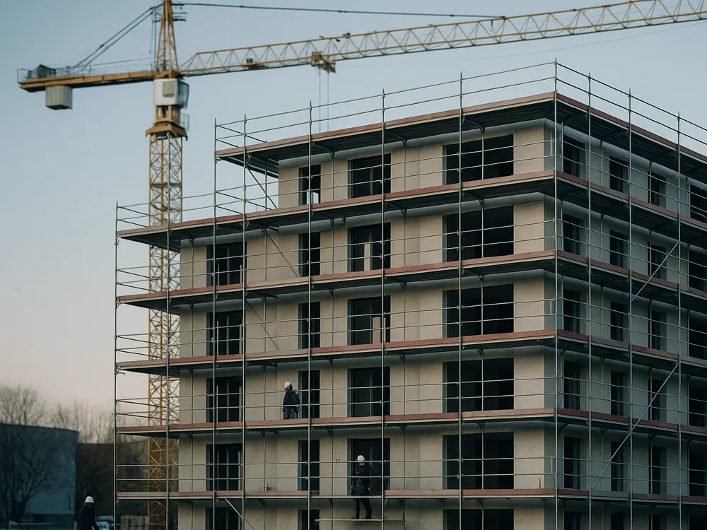 Mehrgeschossiges Wohngebäude im Bau mit Gerüst und Kran