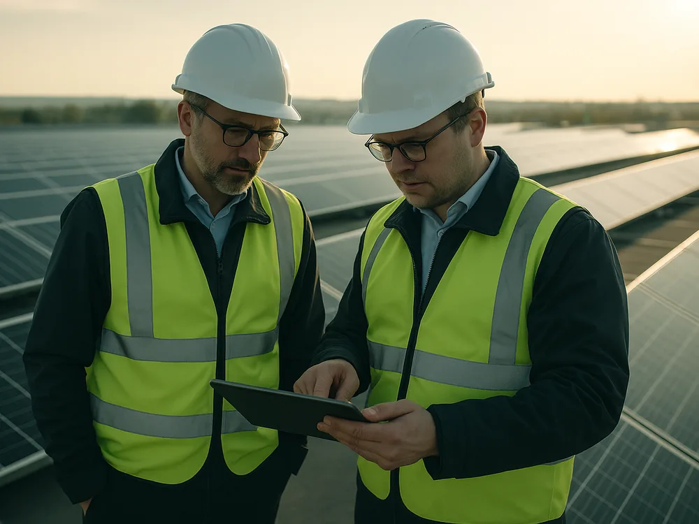 Zwei Projektingenieure mit Warnweste und Helm prüfen einen Solar-Projektplan am Tablet auf einer gewerblichen Dach-PV-Anlage