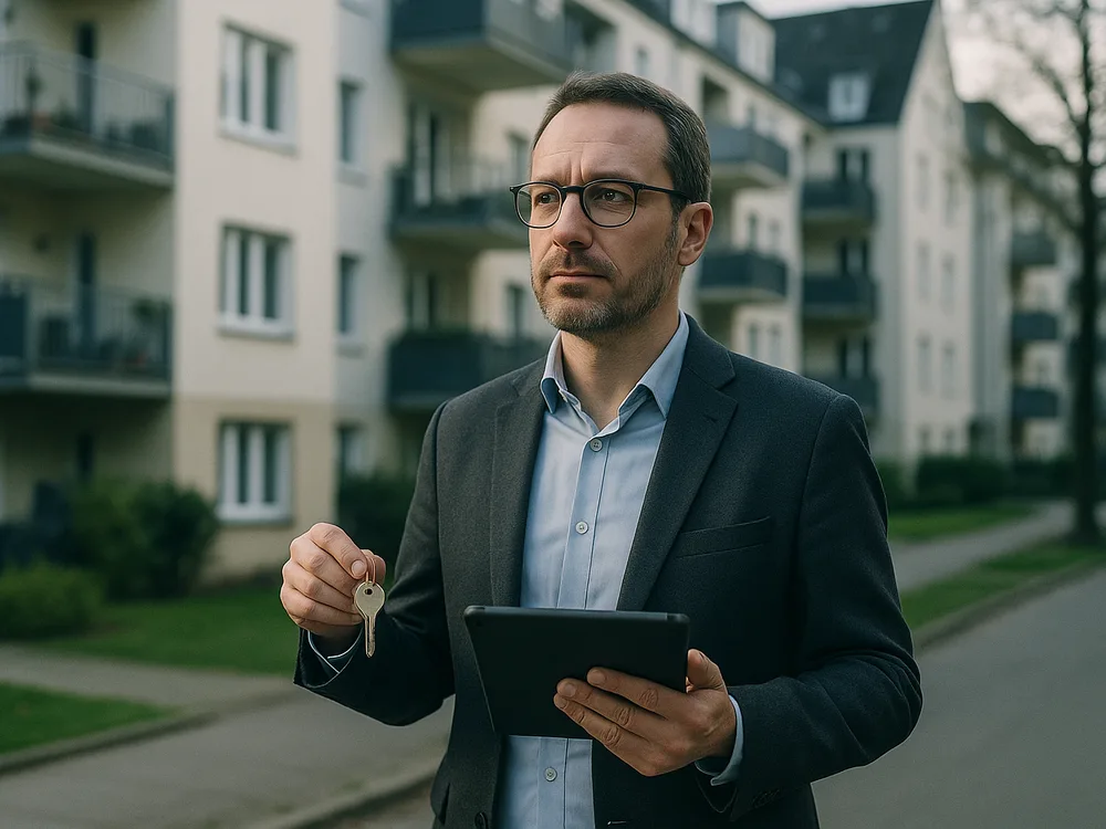 Hausverwalter mit Tablet und Schlüsseln vor einem gepflegten Wohnkomplex