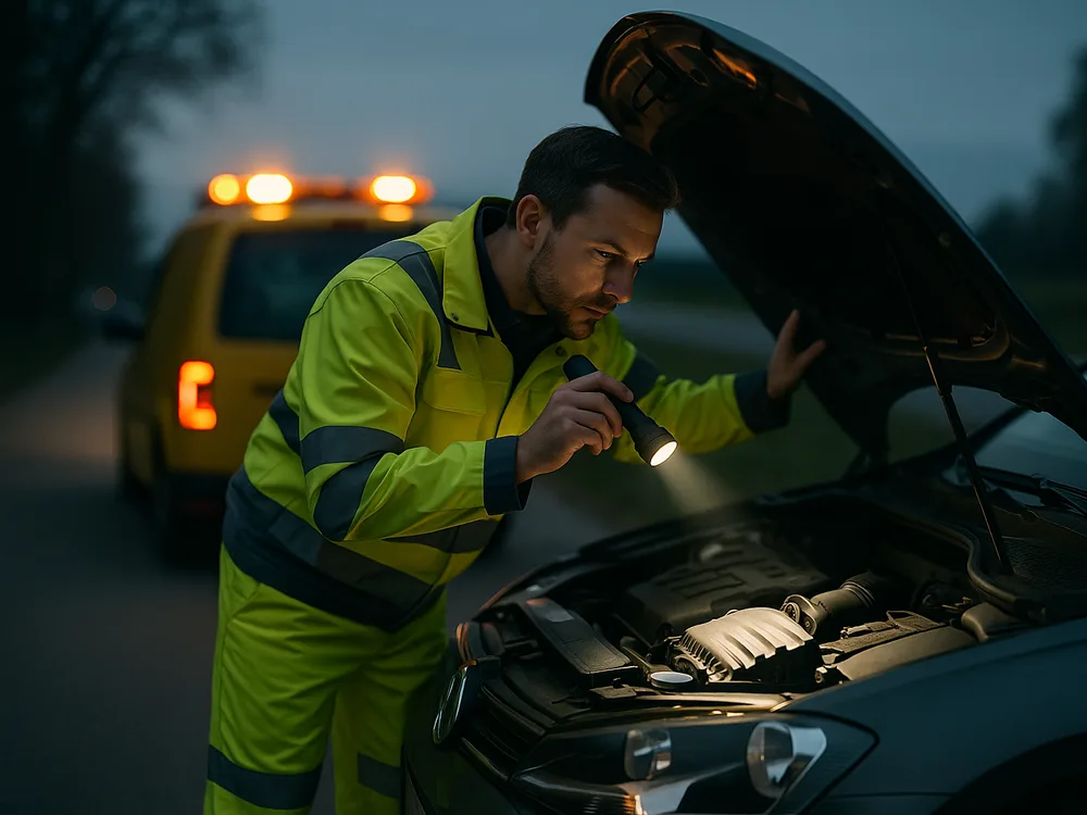 Ein Pannenhelfer untersucht in der Abenddämmerung mit einer Taschenlampe ein Fahrzeug, gelbe Warnleuchten im Hintergrund