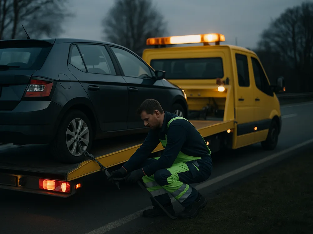 Ein Abschleppwagen lädt ein Fahrzeug auf, ein Techniker sichert es