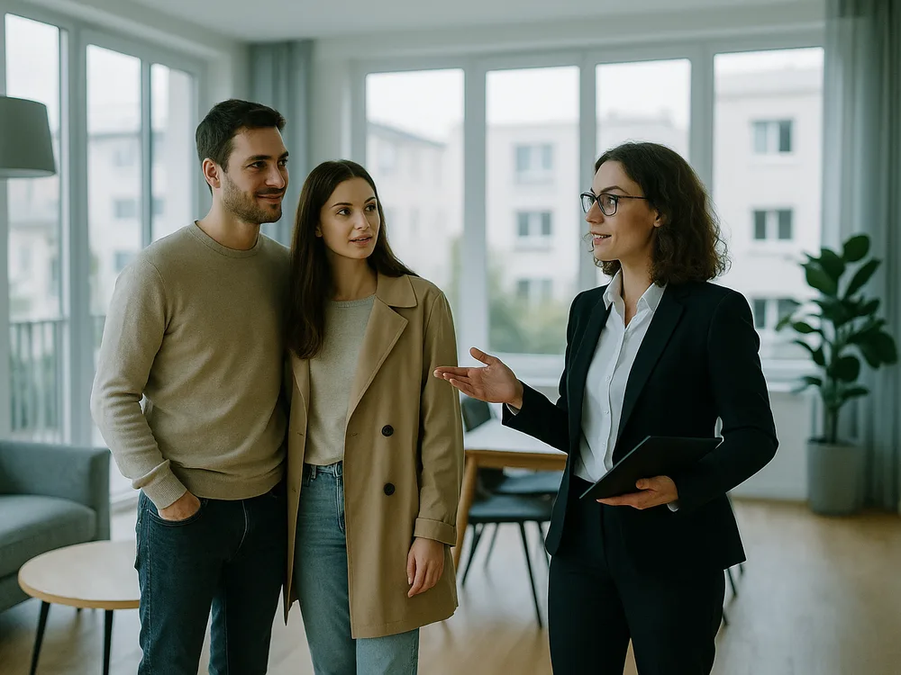 Immobilienmakler präsentiert einem jungen Paar eine helle, moderne Wohnung