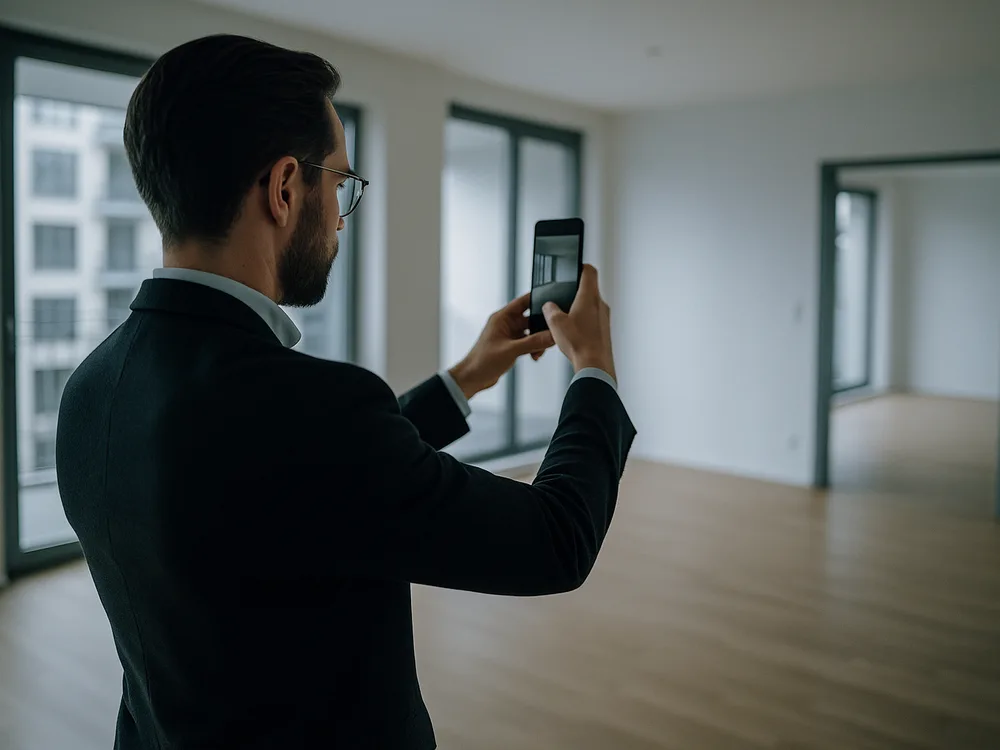 Makler fotografiert eine stilvolle, leere moderne Wohnung mit dem Smartphone fürs Exposé