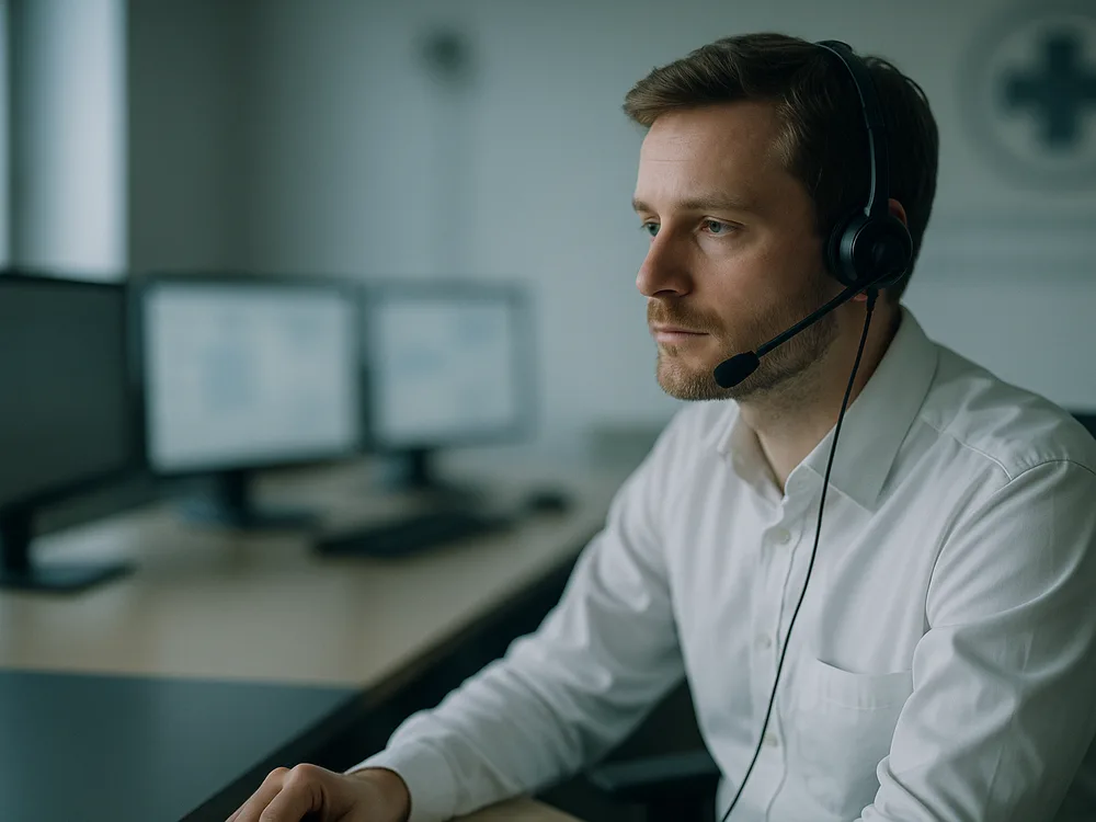 Ruhige 24/7-Assistance-Leitstelle, eine Disponentin mit Headset an einem sanft beleuchteten Platz, Monitore im Hintergrund unscharf