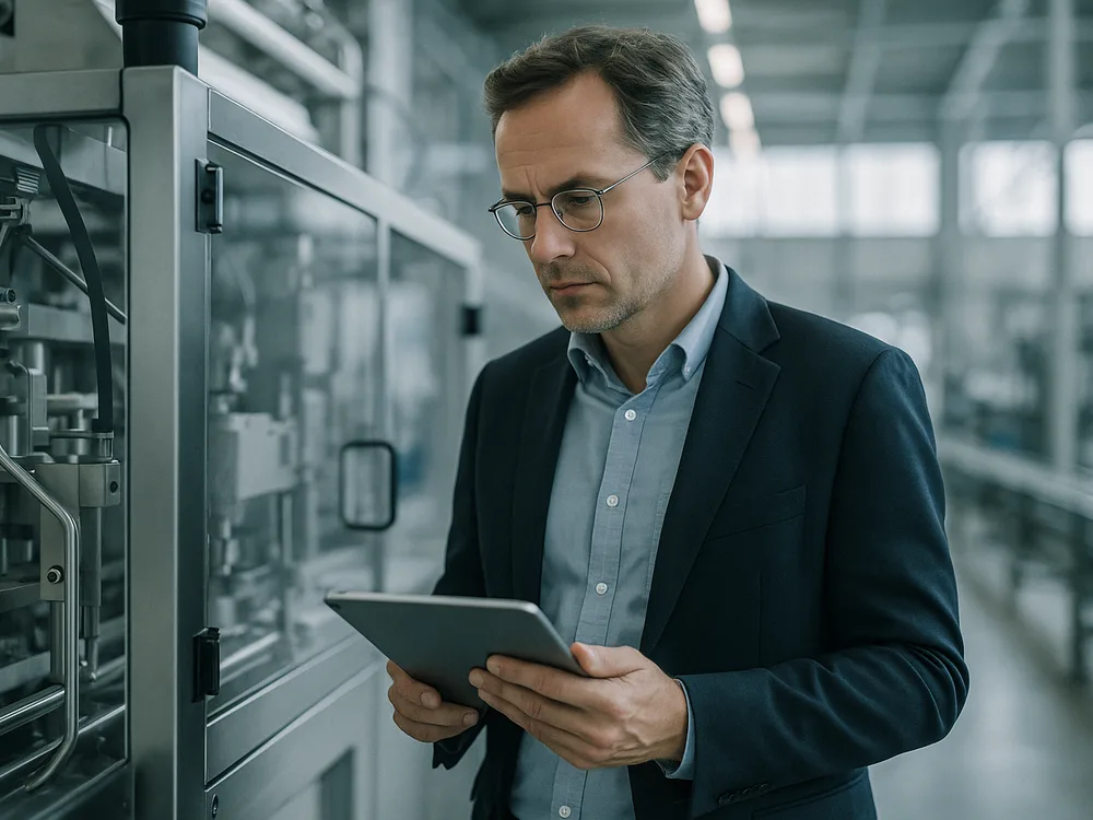 Fertigungsleiter prüft mit dem Tablet einen Auftrag auf einer sauberen, modernen Werkstattfläche