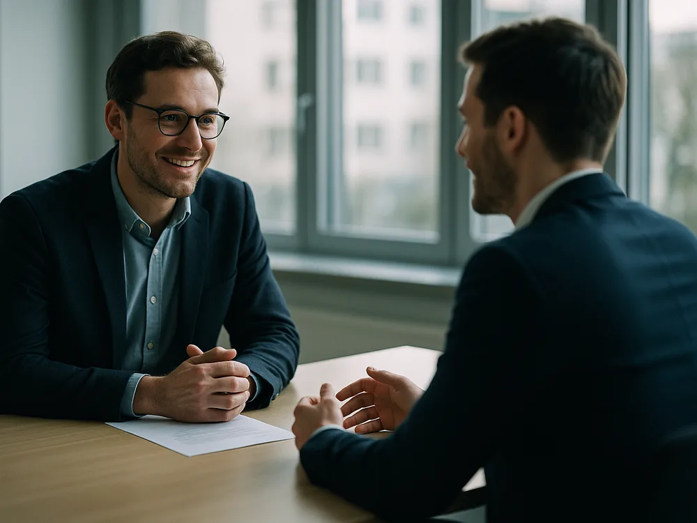Recruiterin im Gespräch mit einer Kandidatin in einem hellen, modernen Besprechungsraum