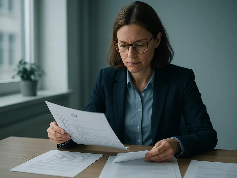 Recruiter sichtet ausgedruckte Lebensläufe und Bewerbungsunterlagen an einem aufgeräumten Schreibtisch