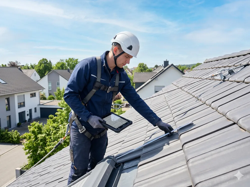 Solar-Monteur bei der Dachaufnahme