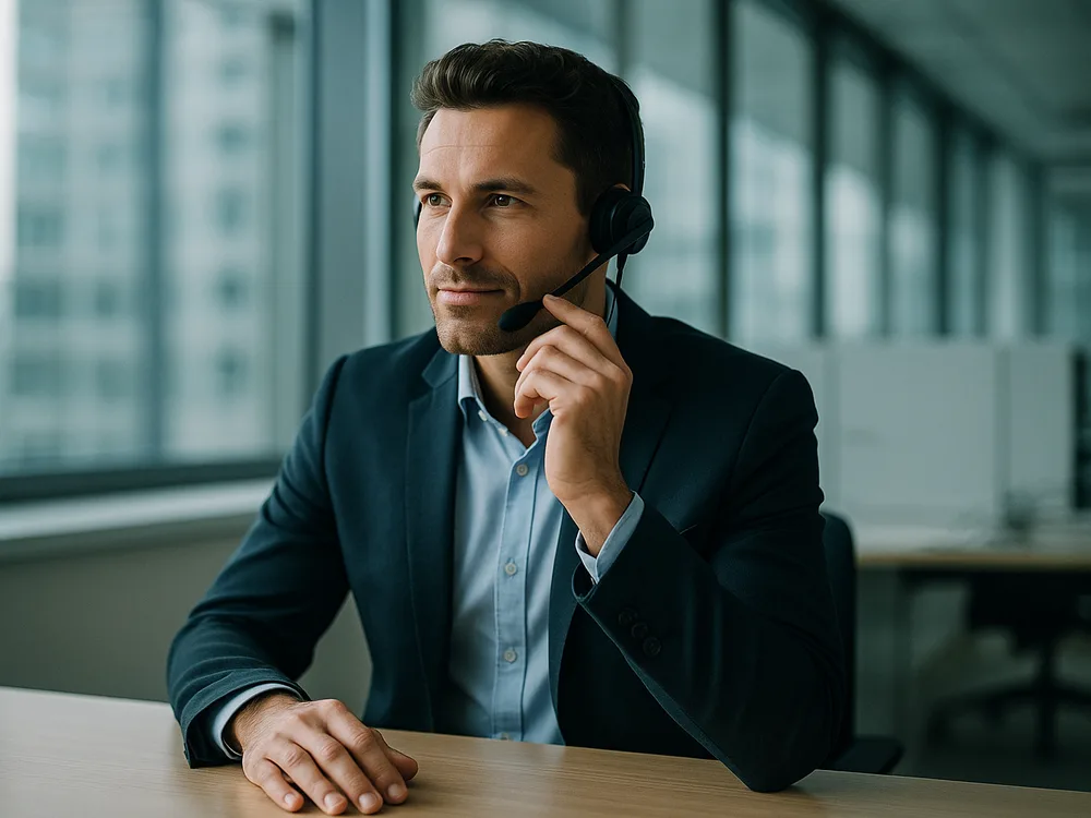 Vertriebsmitarbeiter mit Headset bei einem konzentrierten Telefonat im hellen Büro