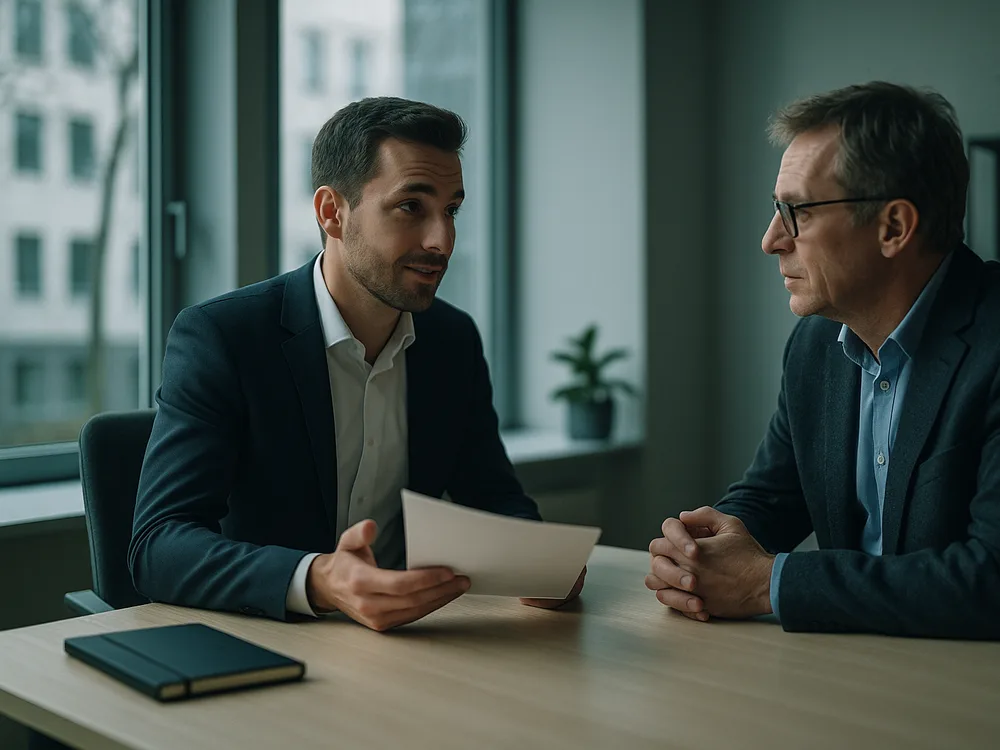 Verkaufsgespräch am Schreibtisch, ein Vertriebsmitarbeiter präsentiert einem interessierten Kunden